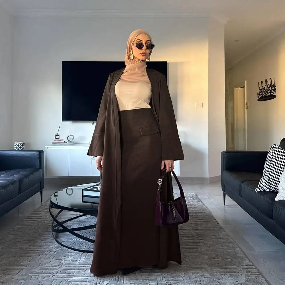 Muslim Women 2 Pieces Set Open Abaya Dress With Skirt #251072