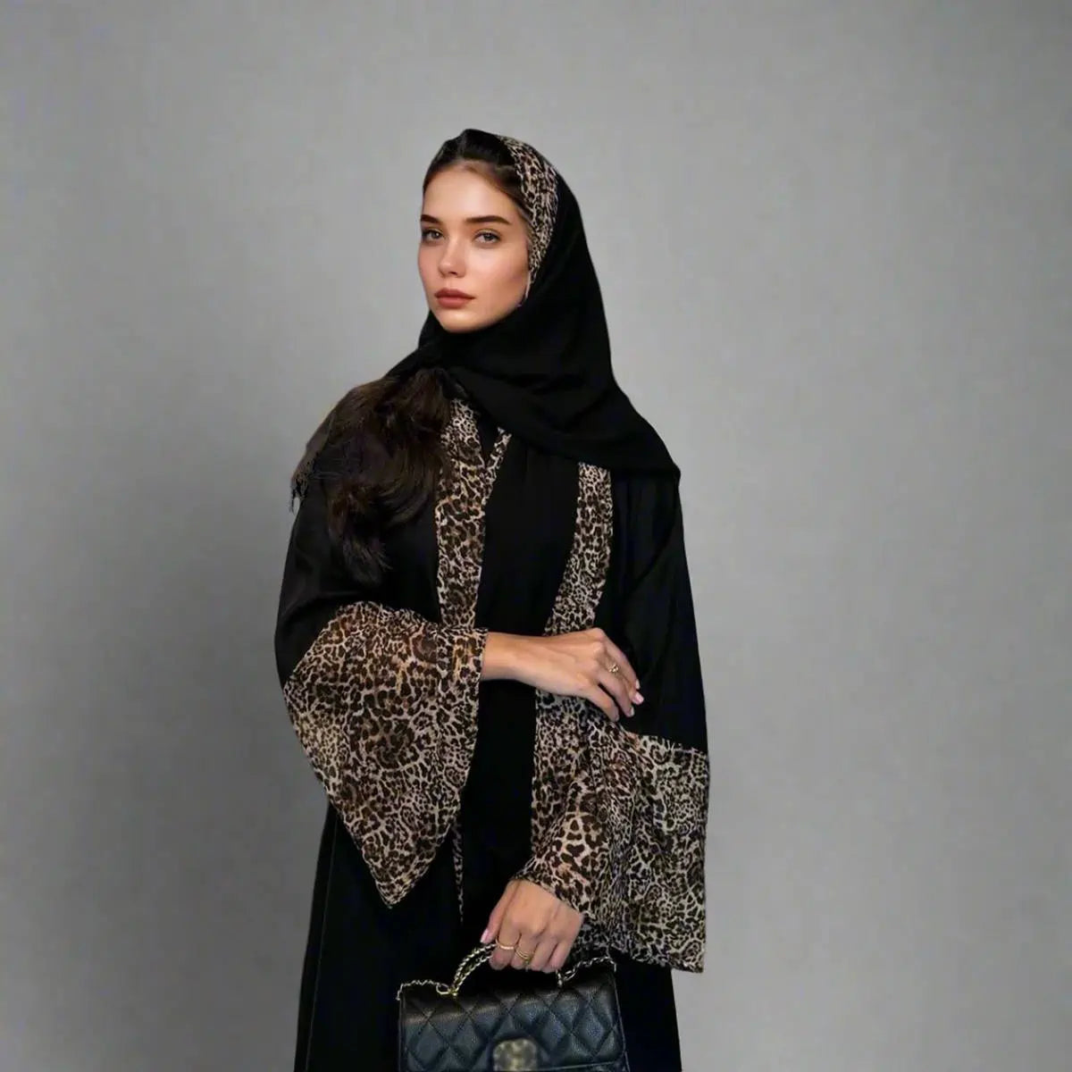 Leopard Printed Cardigan Open Abaya Dress With Matching Hijab #25194