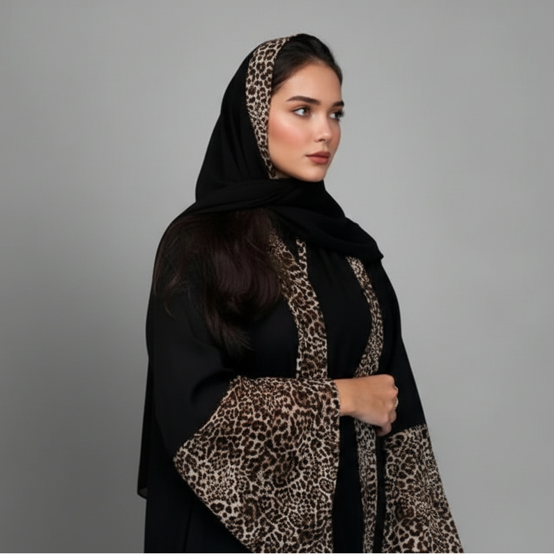 Leopard Printed Cardigan Open Abaya Dress With Matching Hijab #25194