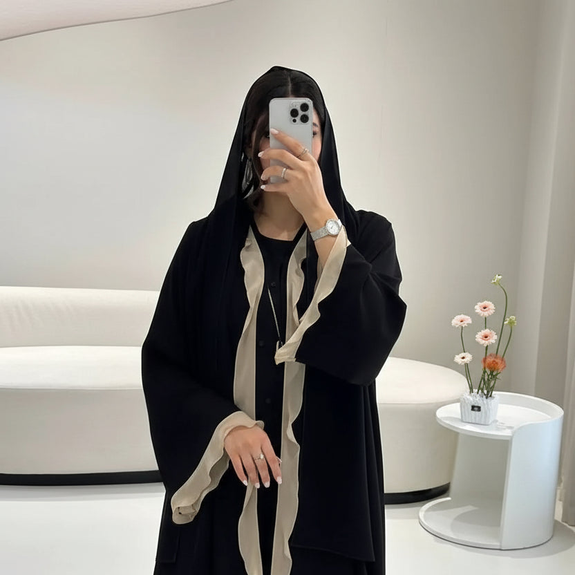 Cardigan Open Abaya Dress - Flounced - Black - #25179