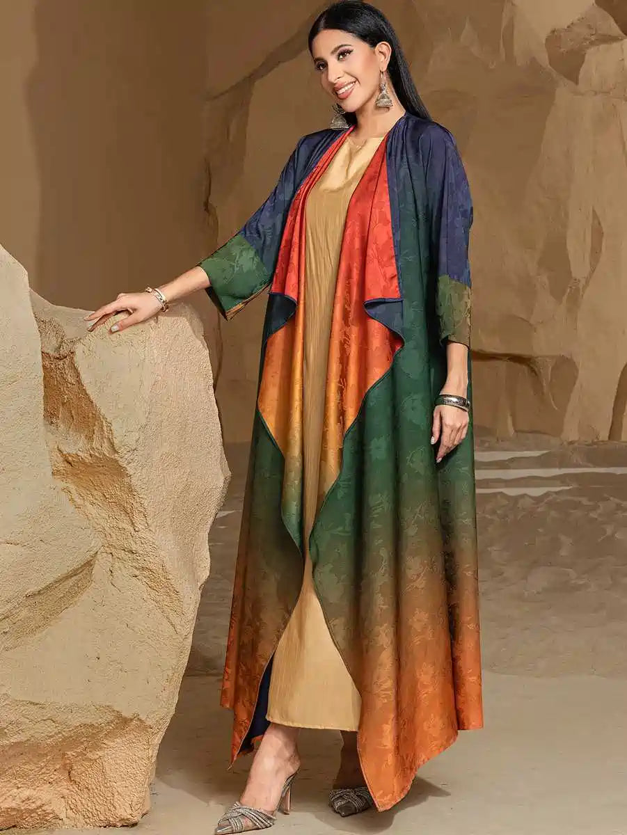 Reversible Cardigan Open Abaya Dress - Jacquard - Gradient Satin - #255034