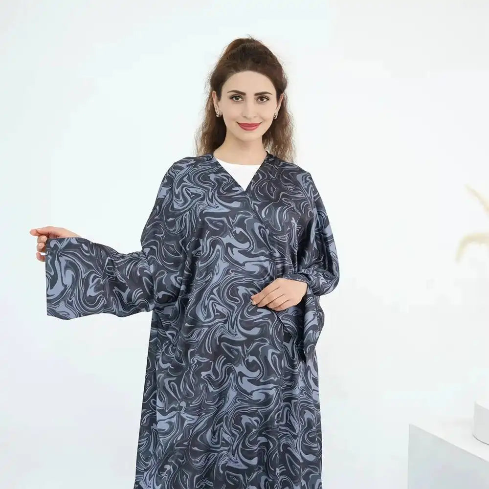 Printed Satin Cardigan Open Abaya Dress #25976