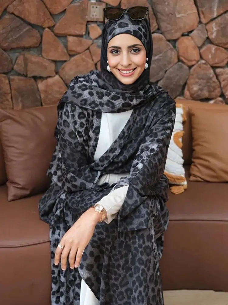 Gray Leopard Print Cardigan Open Abaya Dress #25975
