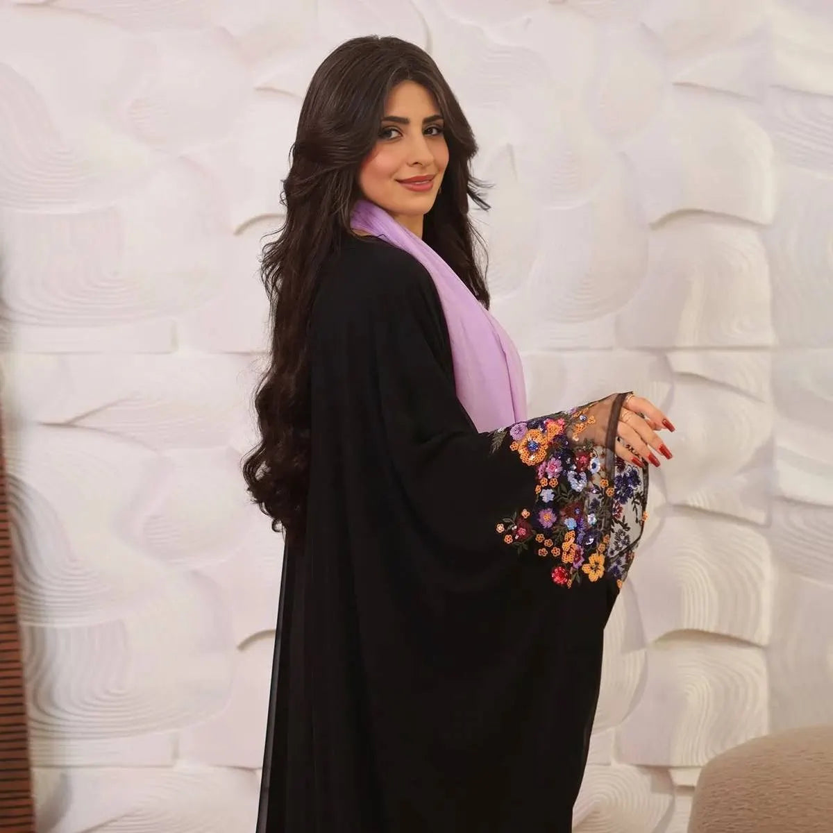 Flower Sleeve Cardigan Open Abaya Dress With Hijab #25208