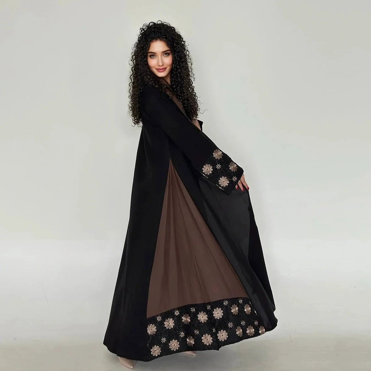 Cardigan Open Abaya Dress - Embroidered Flower - Brown - #25187