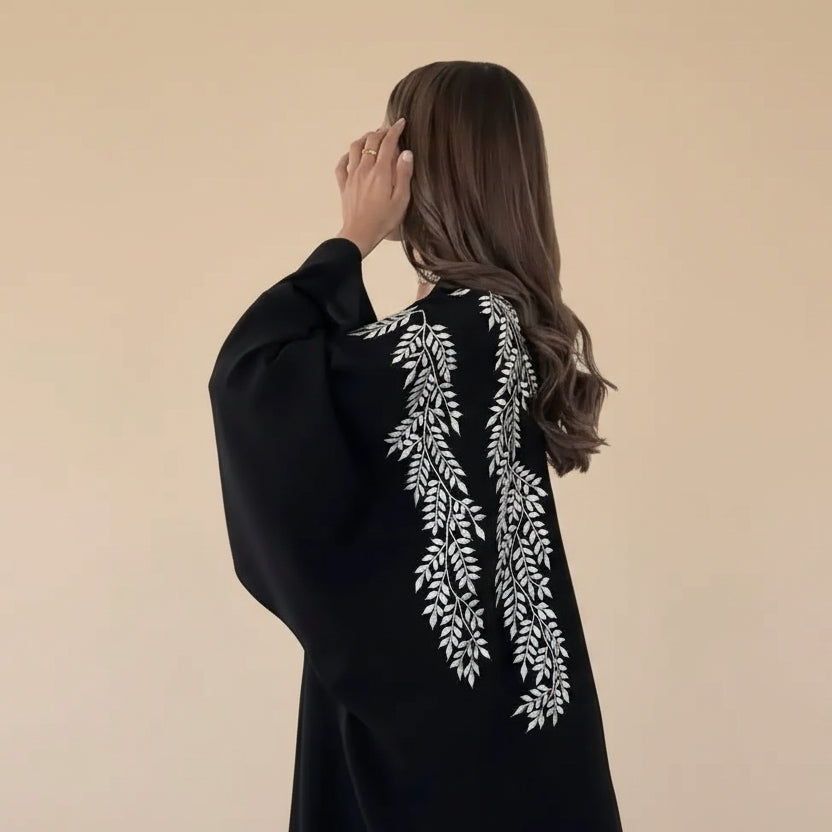 Cardigan Open Abaya Dress - Embroidery - Black - #25188
