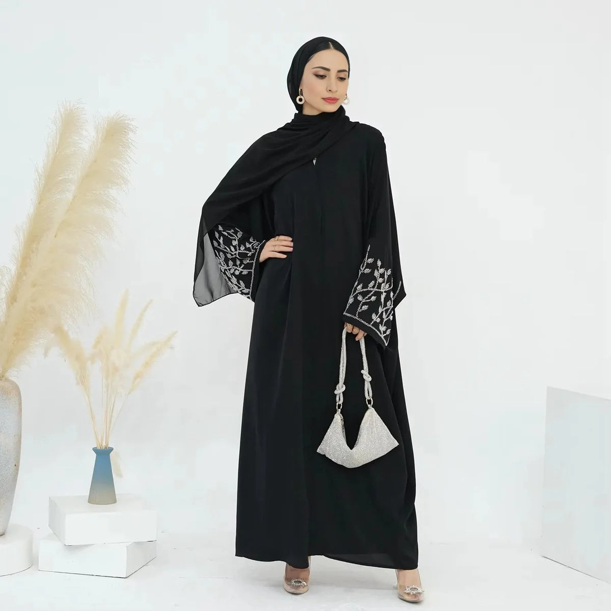 Beads Cuff Cardigan Open Abaya Dress #24862