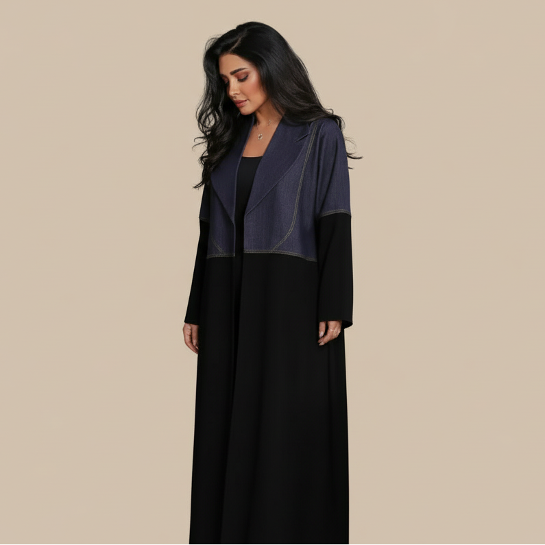 Cardigan Open Abaya Dress - Denim Patchwork - #25183