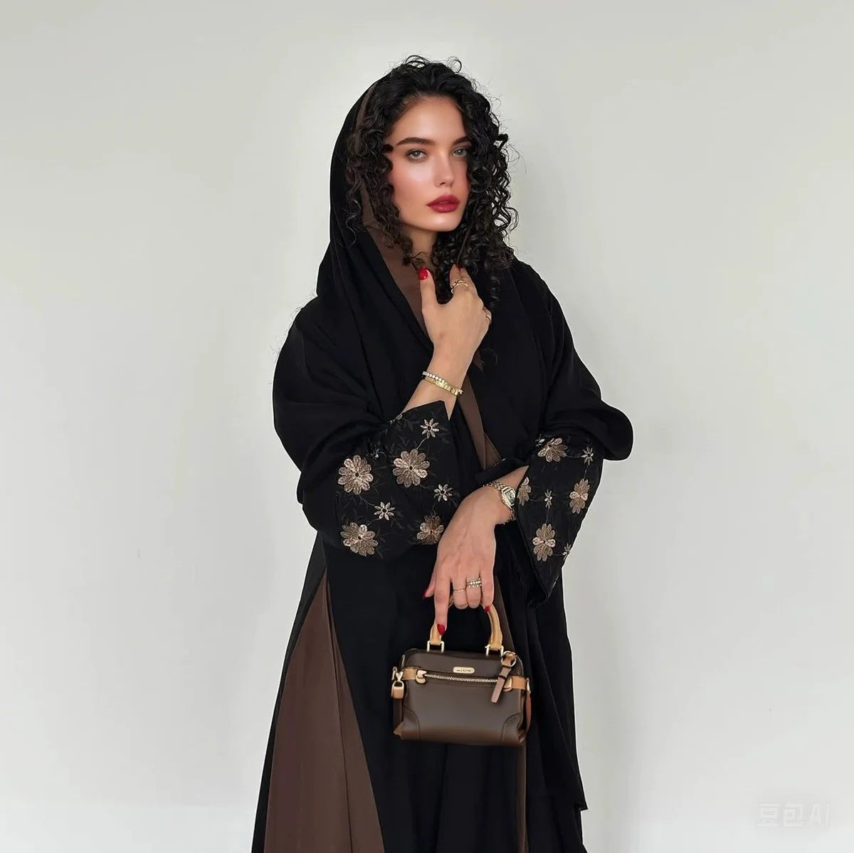 Cardigan Open Abaya Dress - Embroidered Flower - Brown - #25187