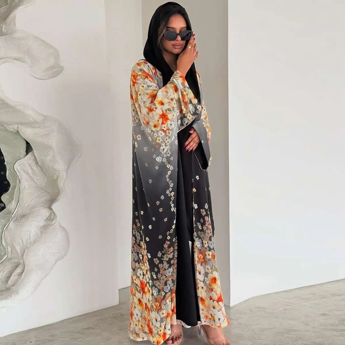 Cardigan Open Abaya Dress - Printed - Chiffon - #25203