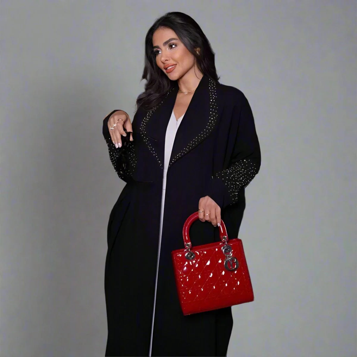 Hotfix Rhinestone Cardigan Open Abaya Dress - Black - #25206