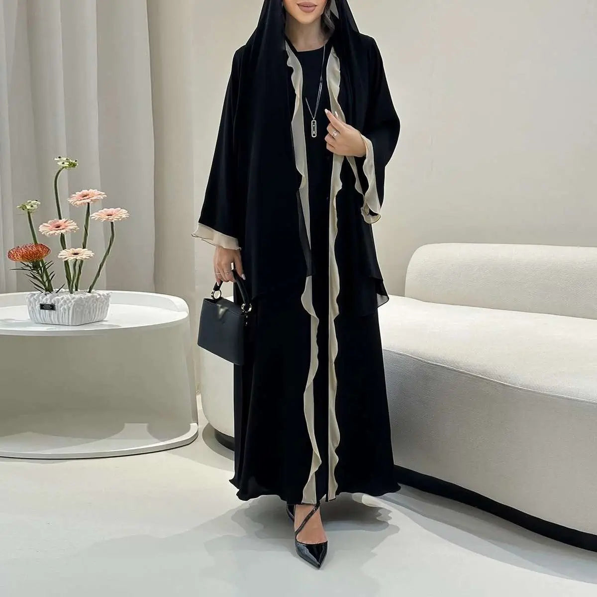 Cardigan Open Abaya Dress - Flounced - Black - #25179