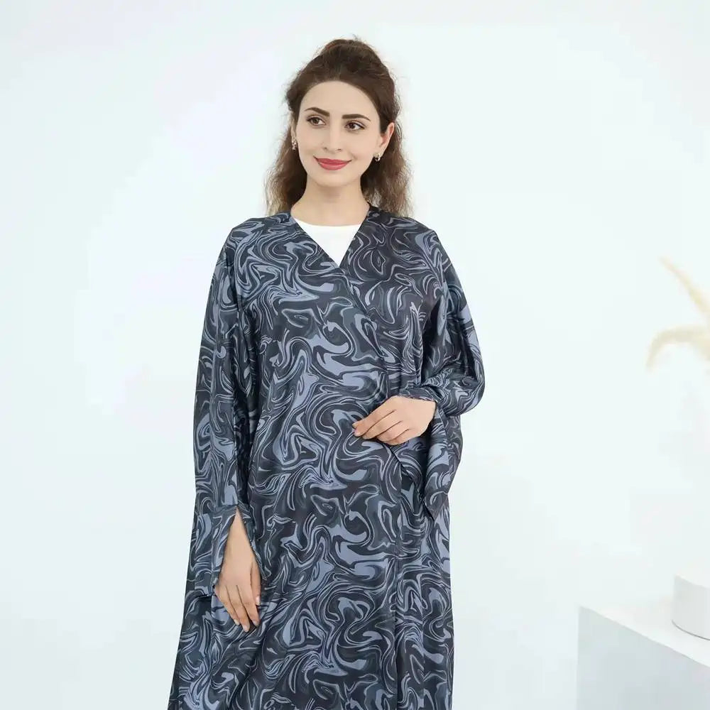Printed Satin Cardigan Open Abaya Dress #25976