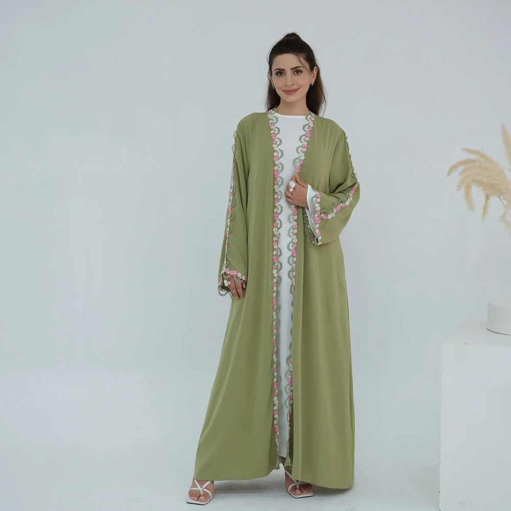 Flower Embroidery Nida Open Abaya Dress #251079
