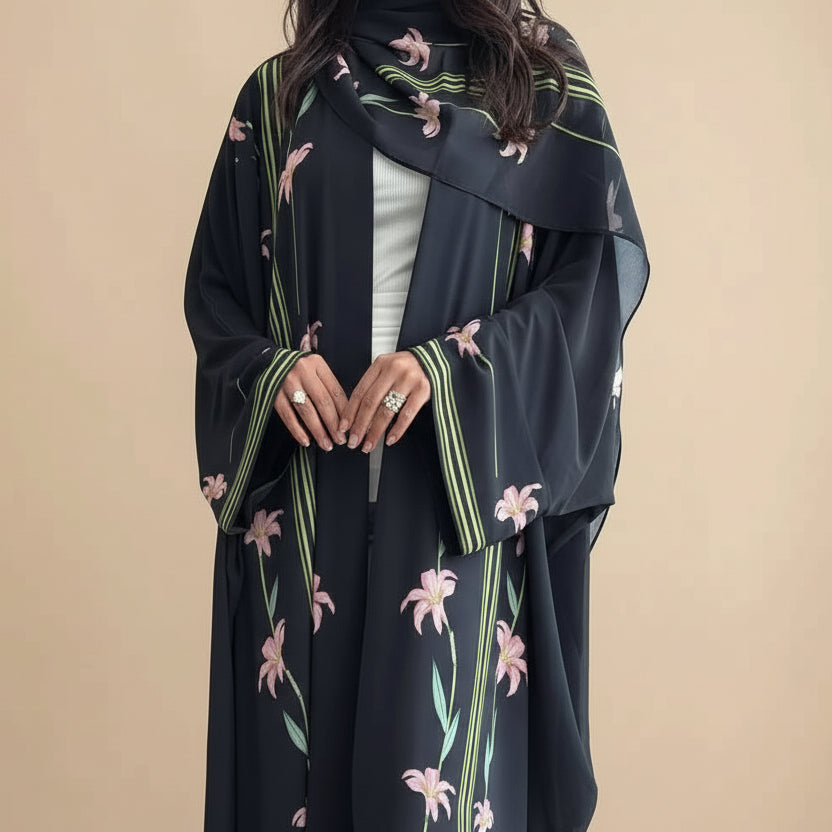 Muslim Women Dubai Printed Cardigan Open Abaya Dress With Matching Hijab #25237