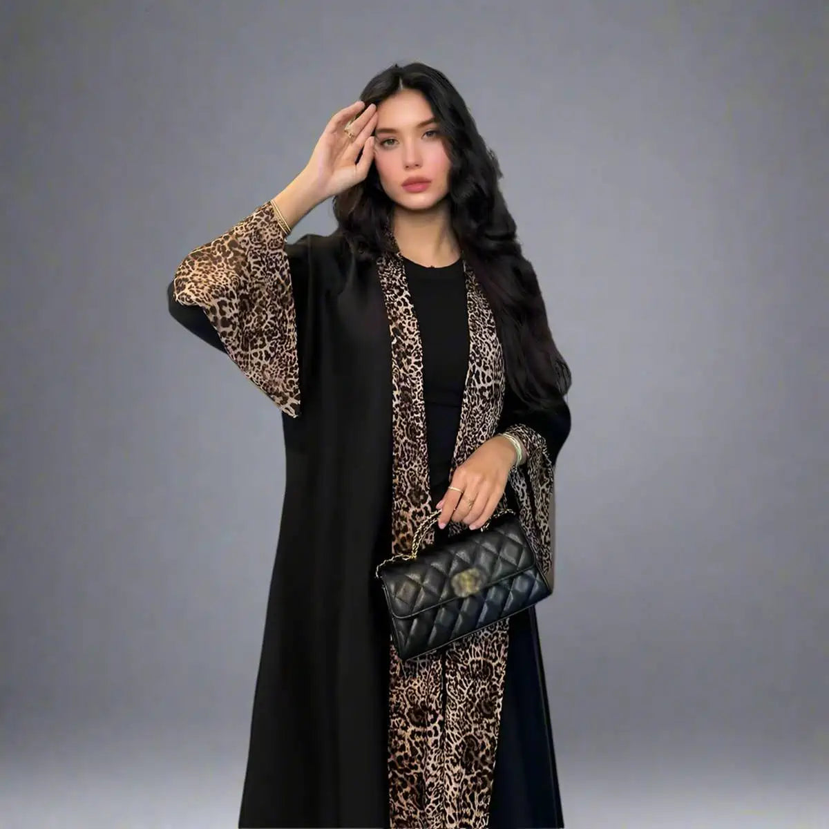 Leopard Printed Cardigan Open Abaya Dress With Matching Hijab #25194