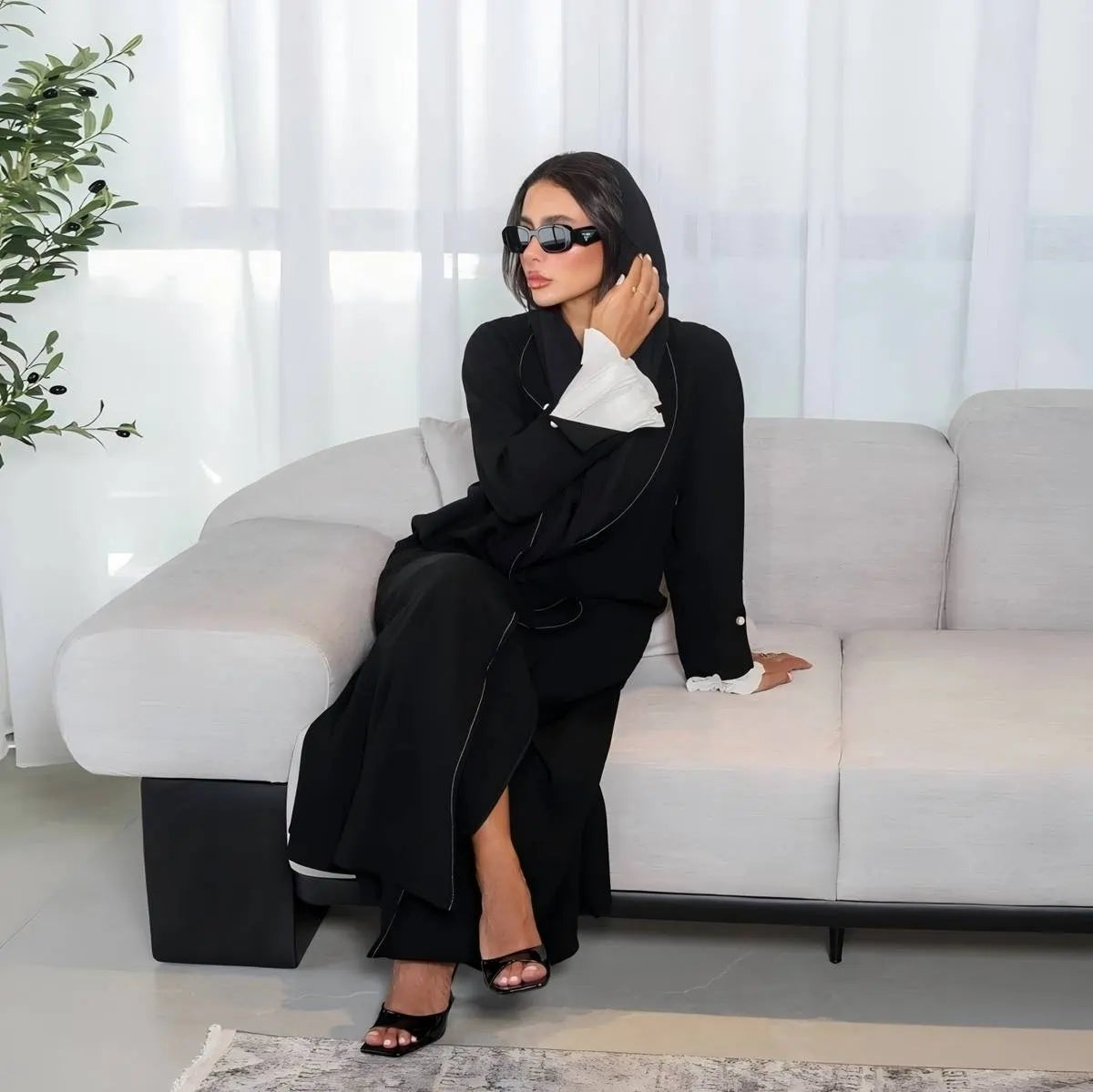 Cardigan Open Abaya Dress - Pleated Sleeve - Black - #25170