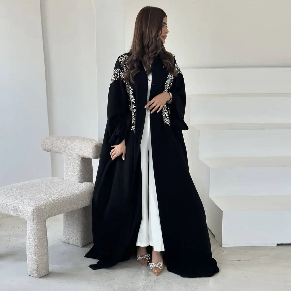 Cardigan Open Abaya Dress - Embroidery - Black - #25188