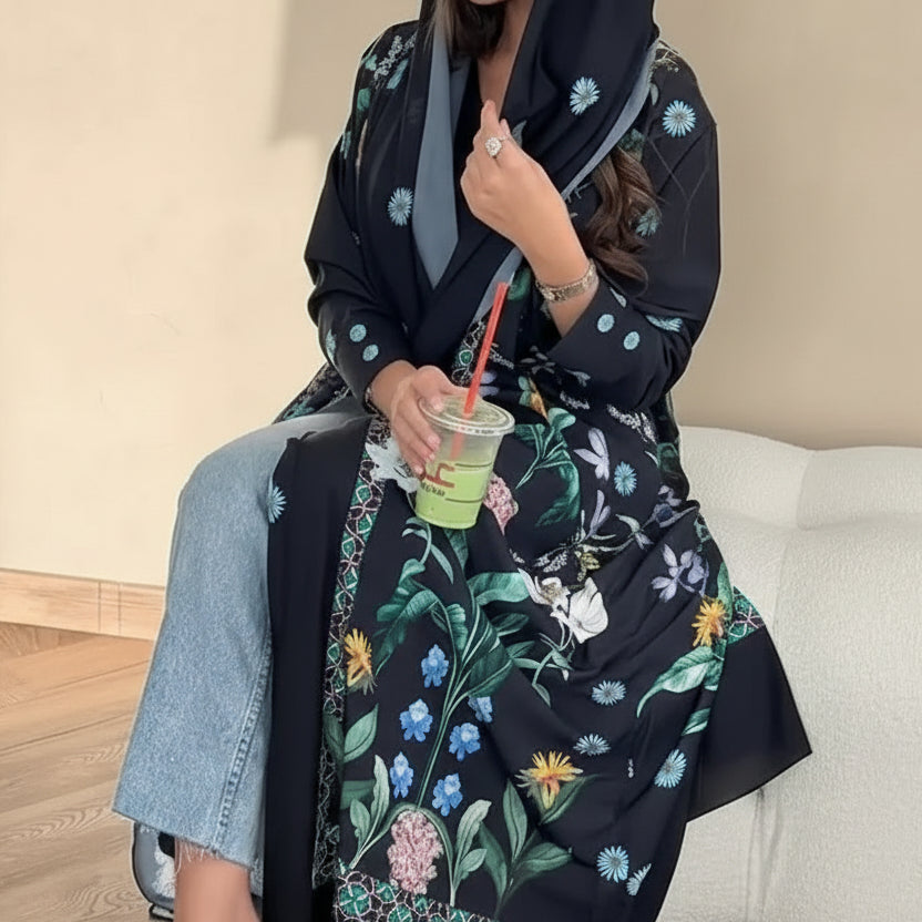 Printed Cardigan Open Abaya Dress With Matching Hijab For Muslim Women #25236