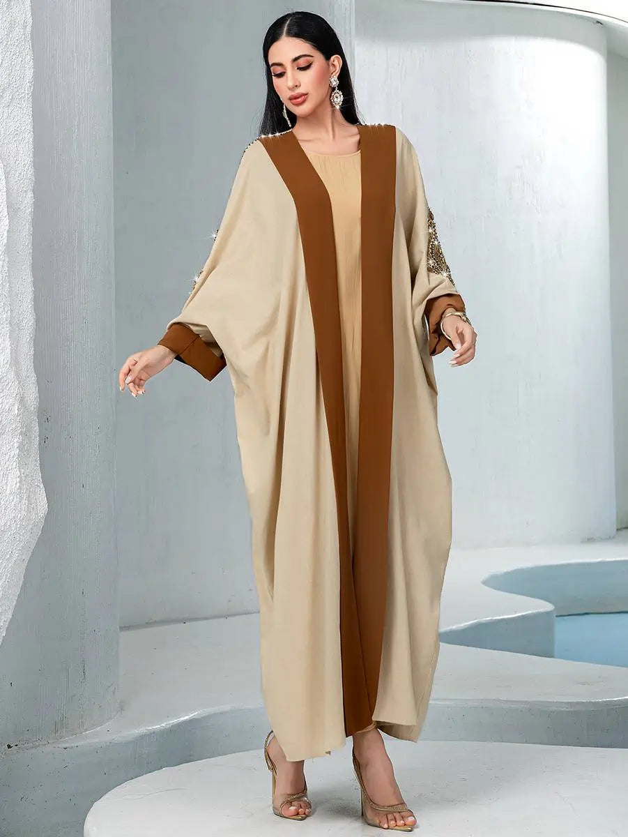 Hand-stitched Rhinestone Cardigan Embroidery Open Abaya Dress #255032