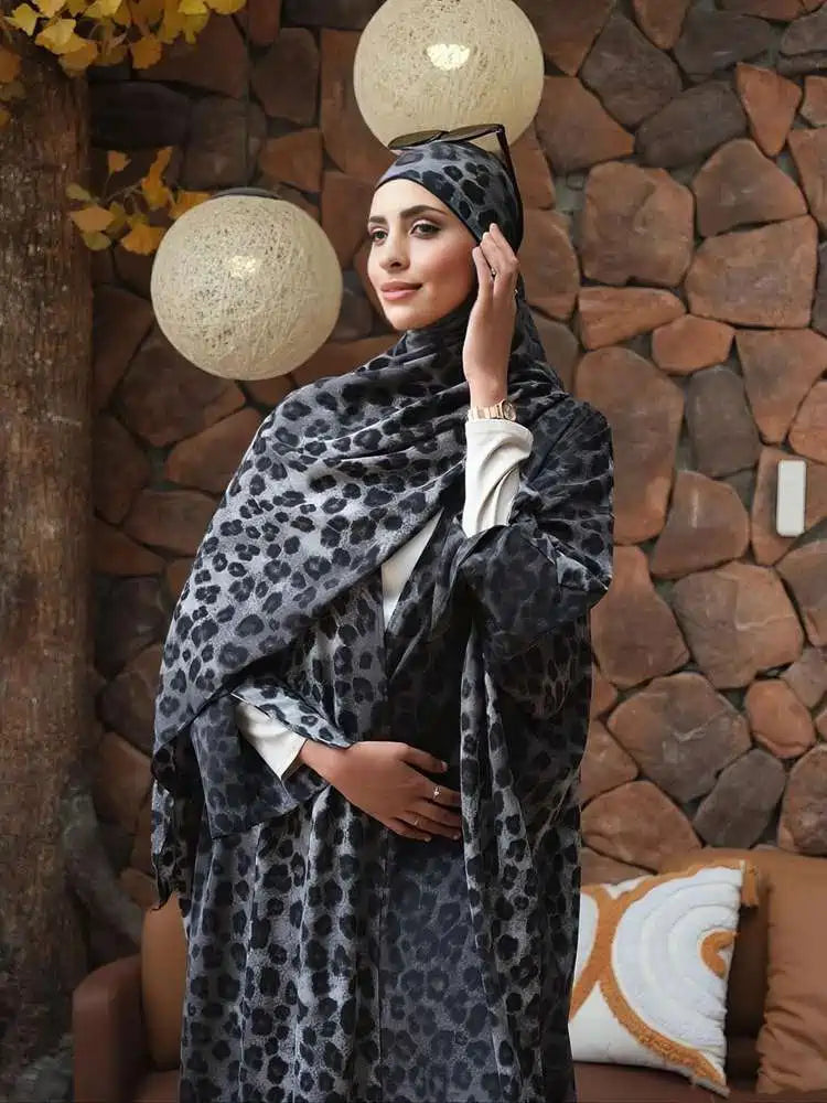 Gray Leopard Print Cardigan Open Abaya Dress #25975