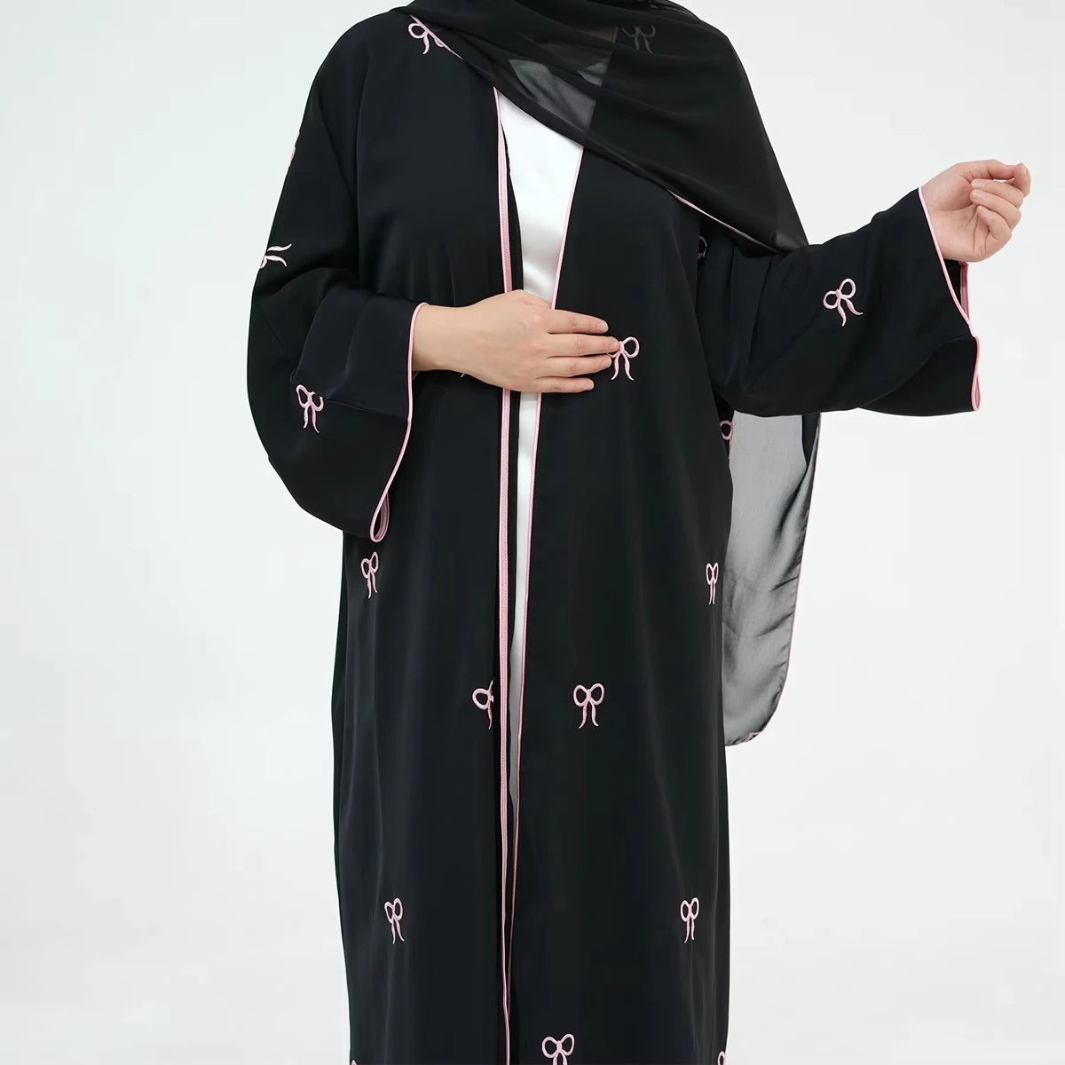 Bow Embroidery Nida Cardigan Open Abaya Dress #241910