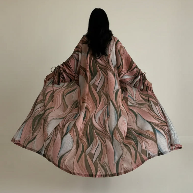 Drawstring Cuff Wrinkle Cardigan Open Abaya Dress #25207