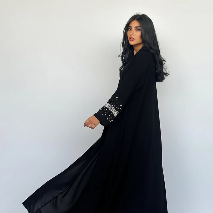 With Hijab Hotfix Rhinestones Beads Cardigan Open Abaya Dress