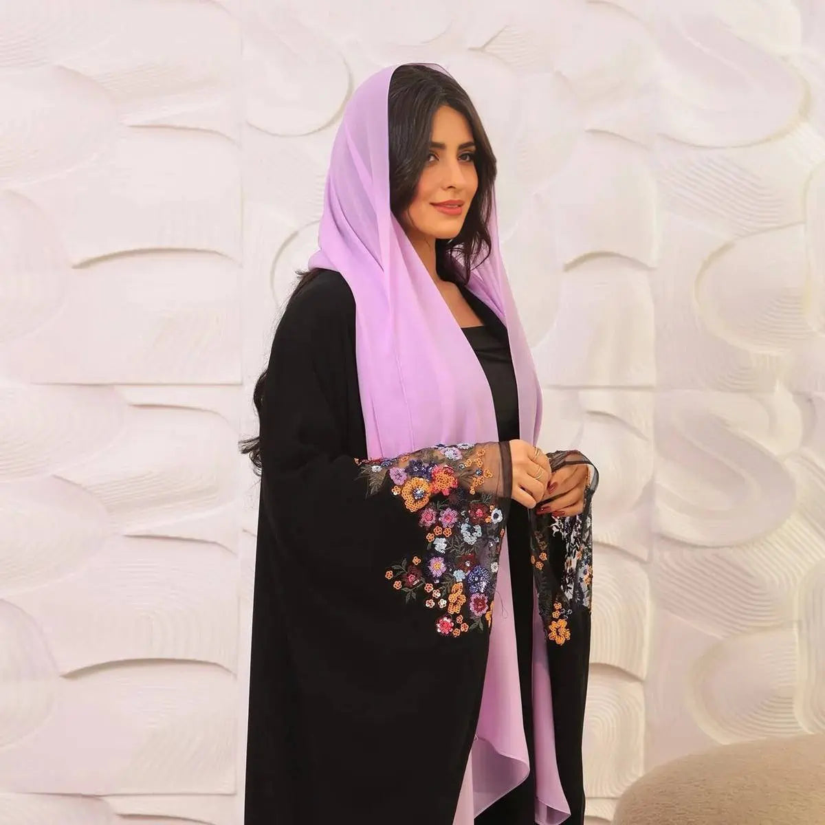 Flower Sleeve Cardigan Open Abaya Dress With Hijab #25208