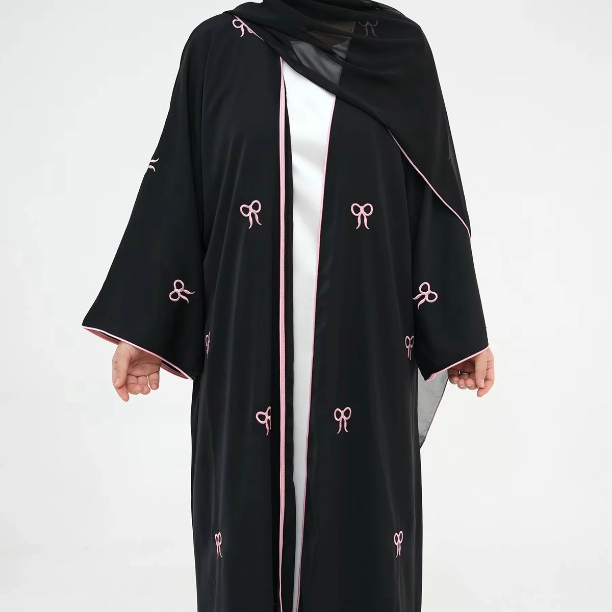 Bow Embroidery Nida Cardigan Open Abaya Dress #241910