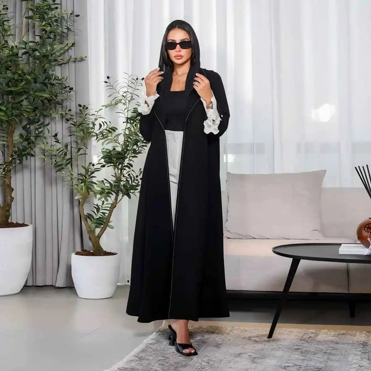 Cardigan Open Abaya Dress - Pleated Sleeve - Black - #25170