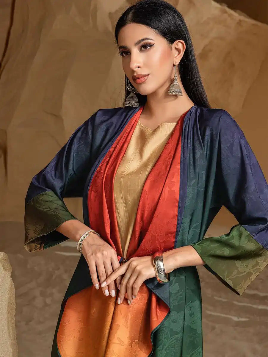 Reversible Cardigan Open Abaya Dress - Jacquard - Gradient Satin - #255034