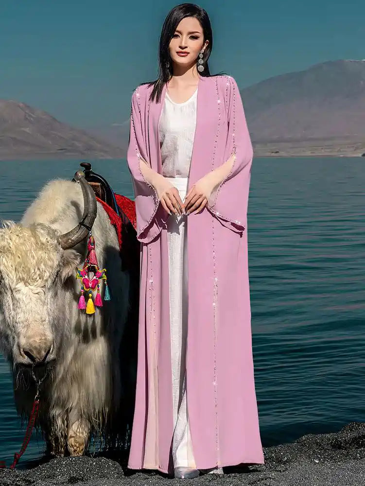 Hand-stitched Rhinestone Beads Cardigan Open Abaya Dress #254078
