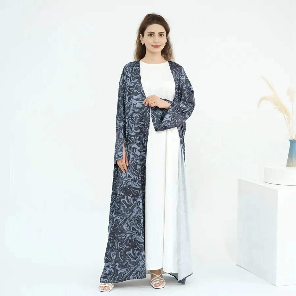 Printed Satin Cardigan Open Abaya Dress #25976