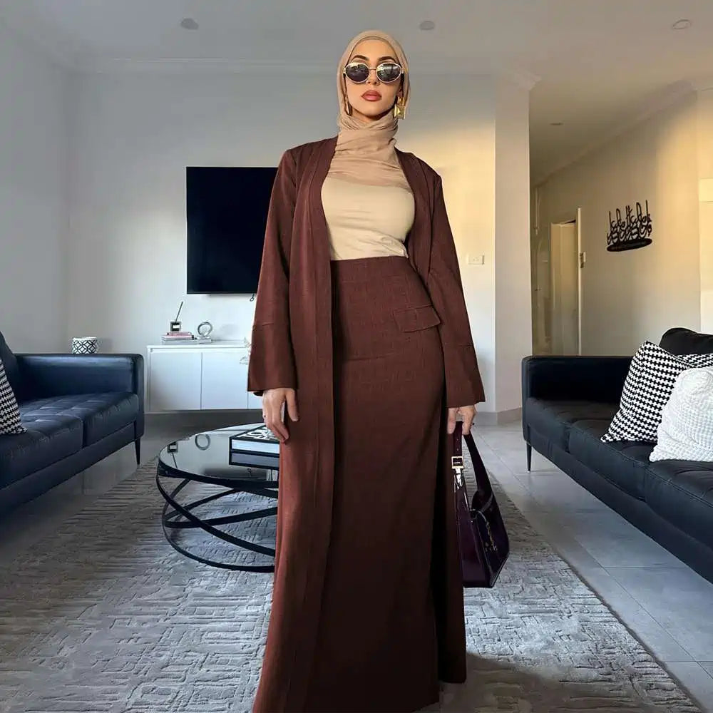 Muslim Women 2 Pieces Set Open Abaya Dress With Skirt #251072