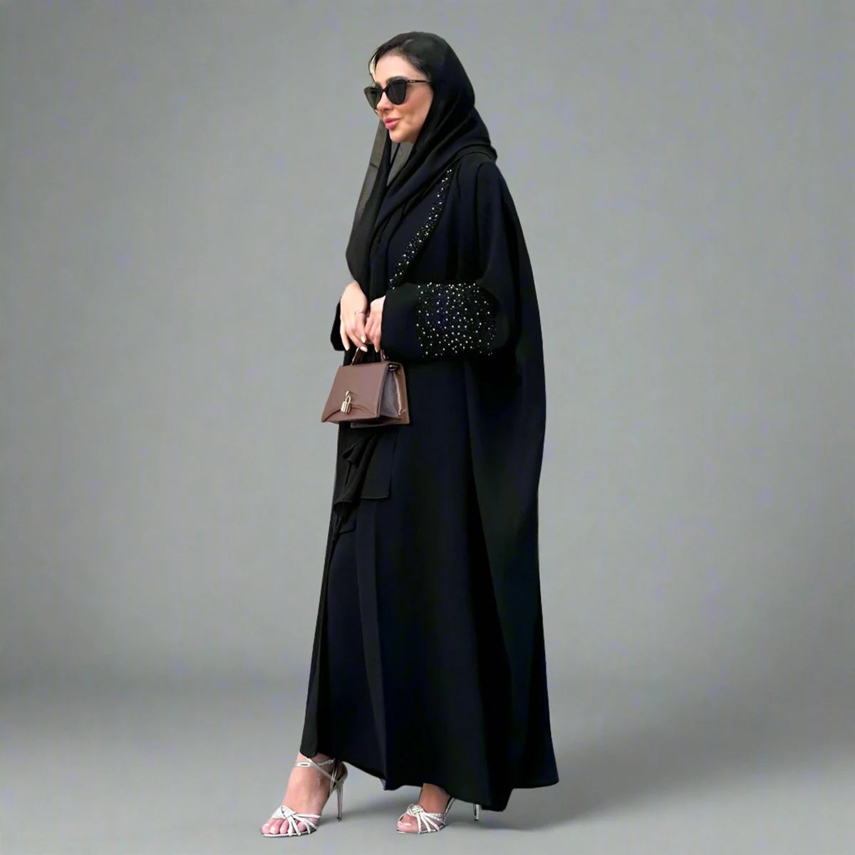 Hotfix Rhinestone Cardigan Open Abaya Dress - Black - #25206