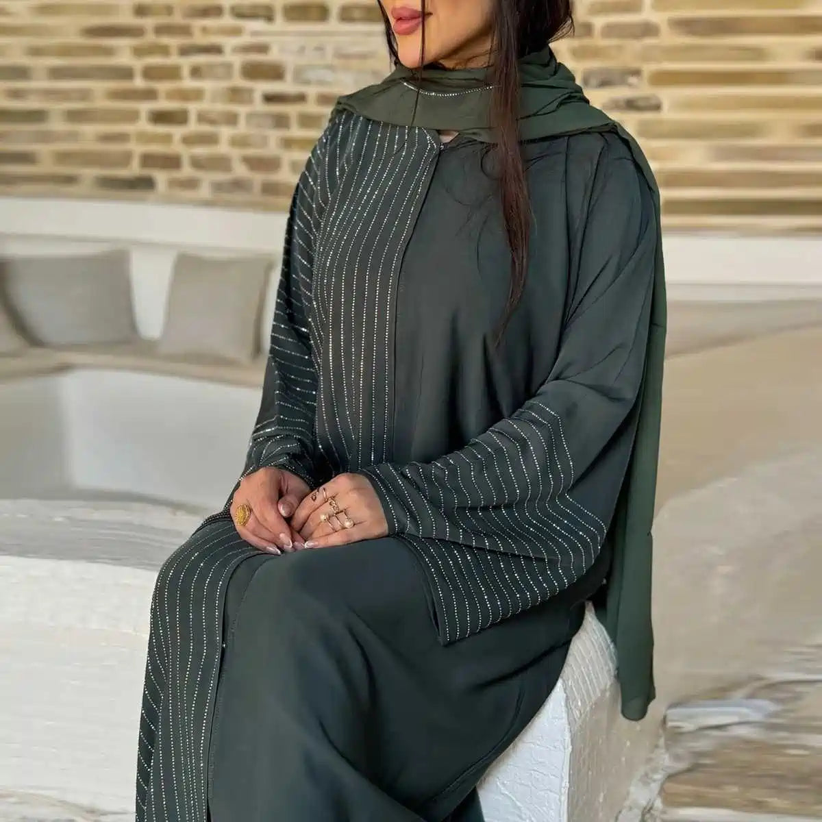 Concealed Buttons Cardigan Open Abaya Dress #25186