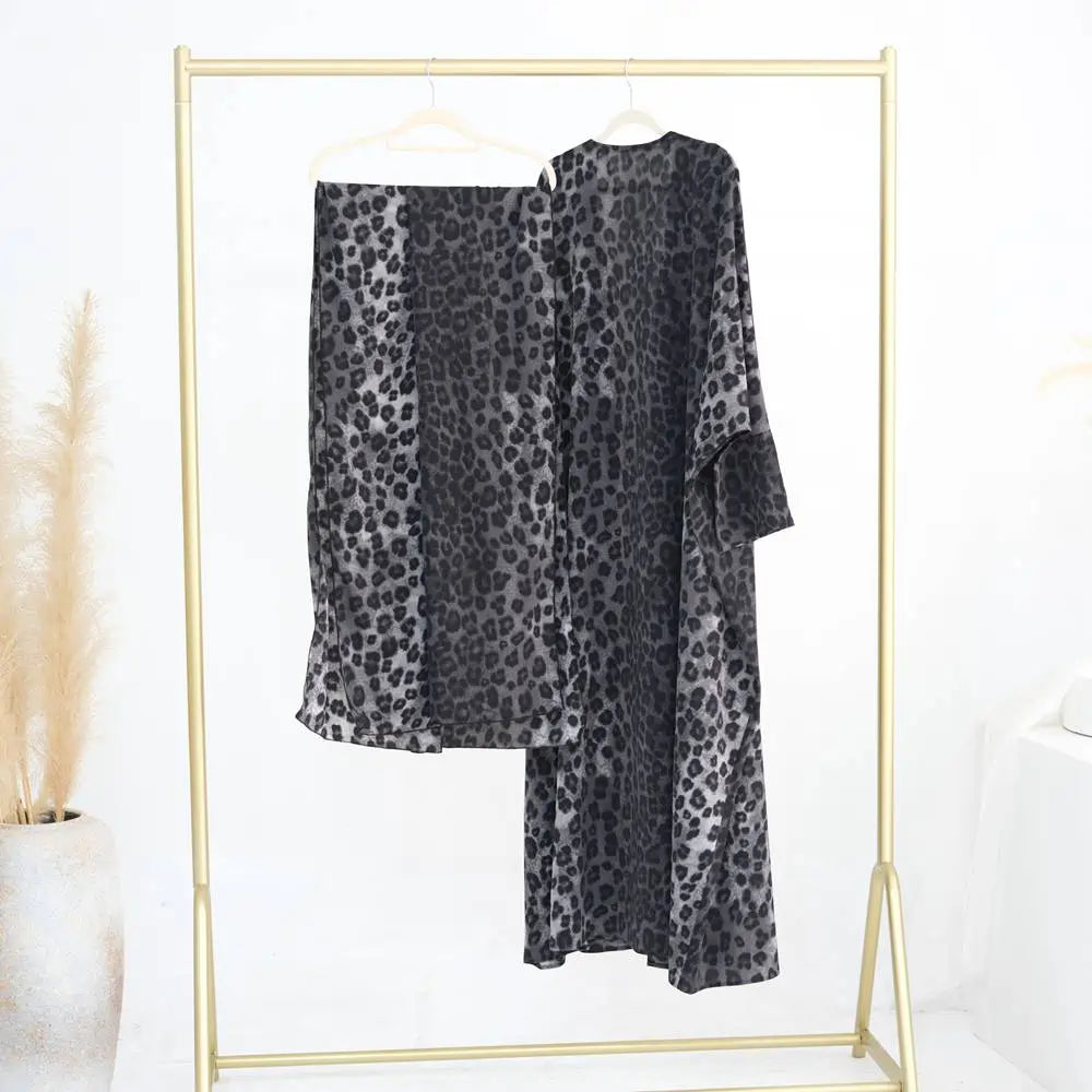 Gray Leopard Print Cardigan Open Abaya Dress #25975