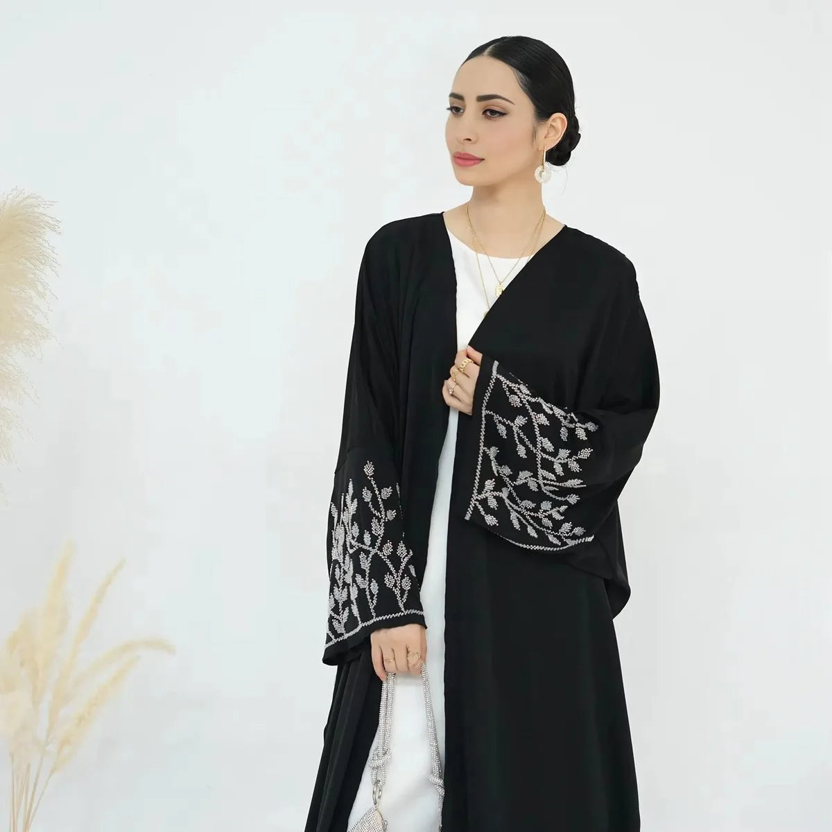 Beads Cuff Cardigan Open Abaya Dress #24862