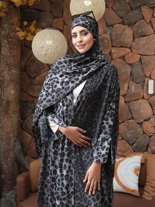 Gray Leopard Print Cardigan Open Abaya Dress #25975