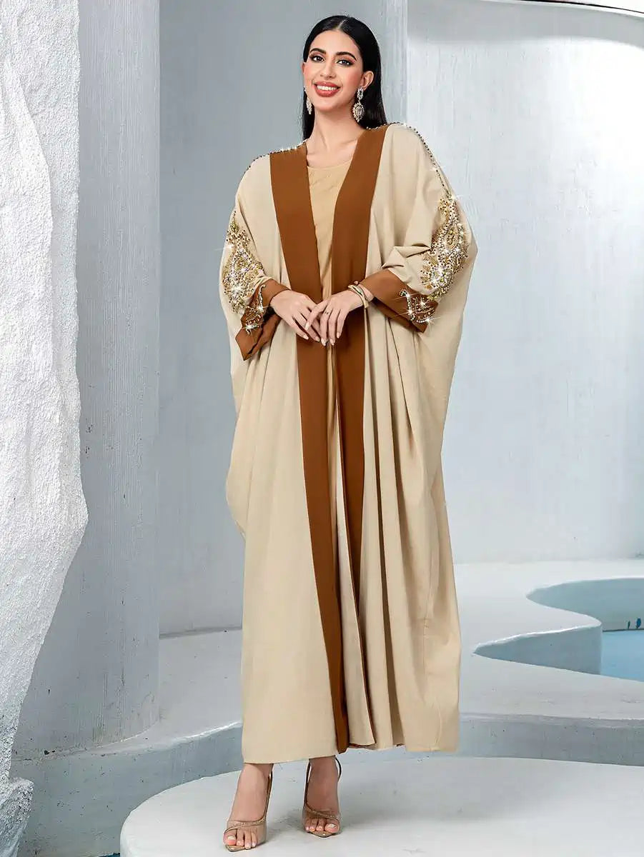 Hand-stitched Rhinestone Cardigan Embroidery Open Abaya Dress #255032