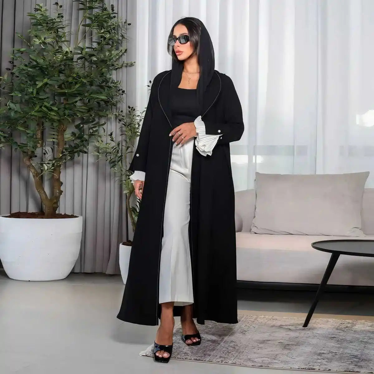 Cardigan Open Abaya Dress - Pleated Sleeve - Black - #25170