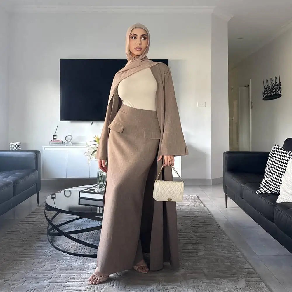 Muslim Women 2 Pieces Set Open Abaya Dress With Skirt #251072