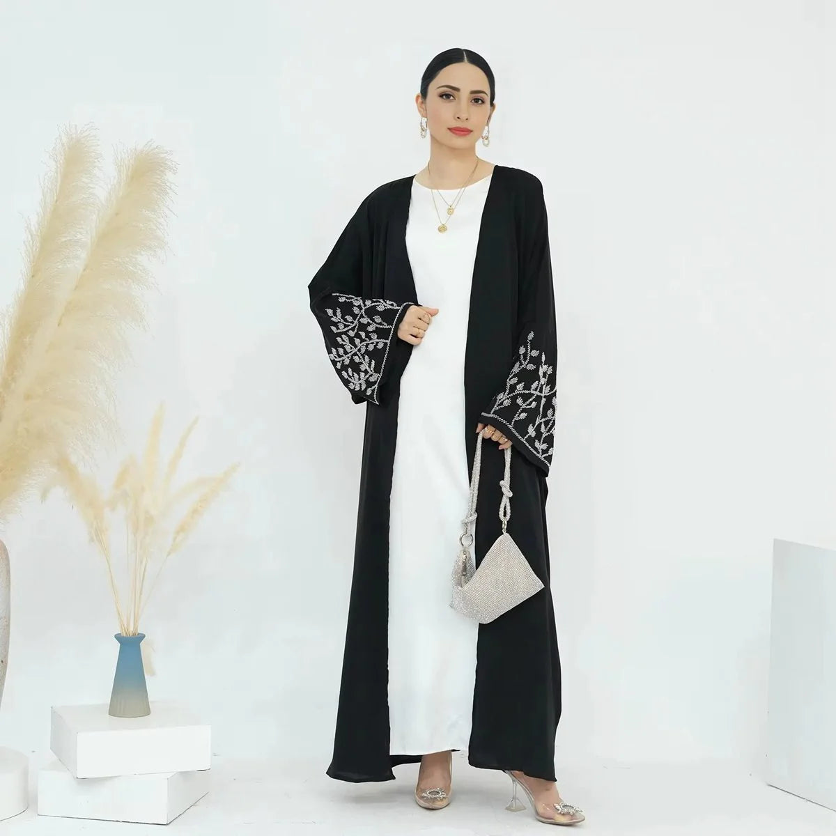 Beads Cuff Cardigan Open Abaya Dress #24862