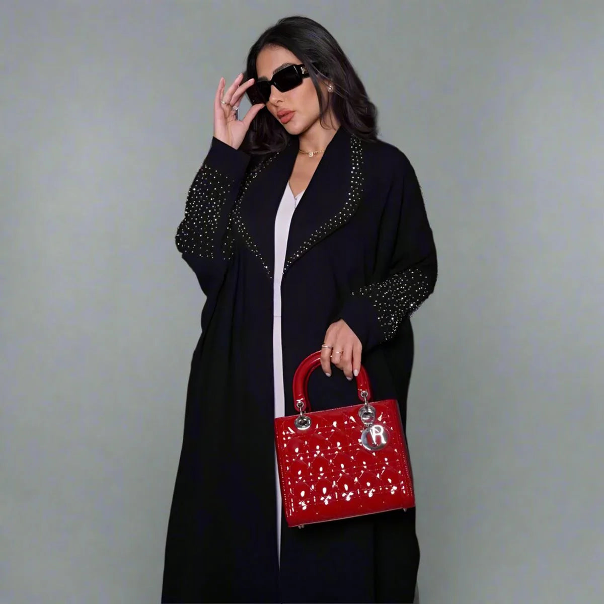 Hotfix Rhinestone Cardigan Open Abaya Dress - Black - #25206