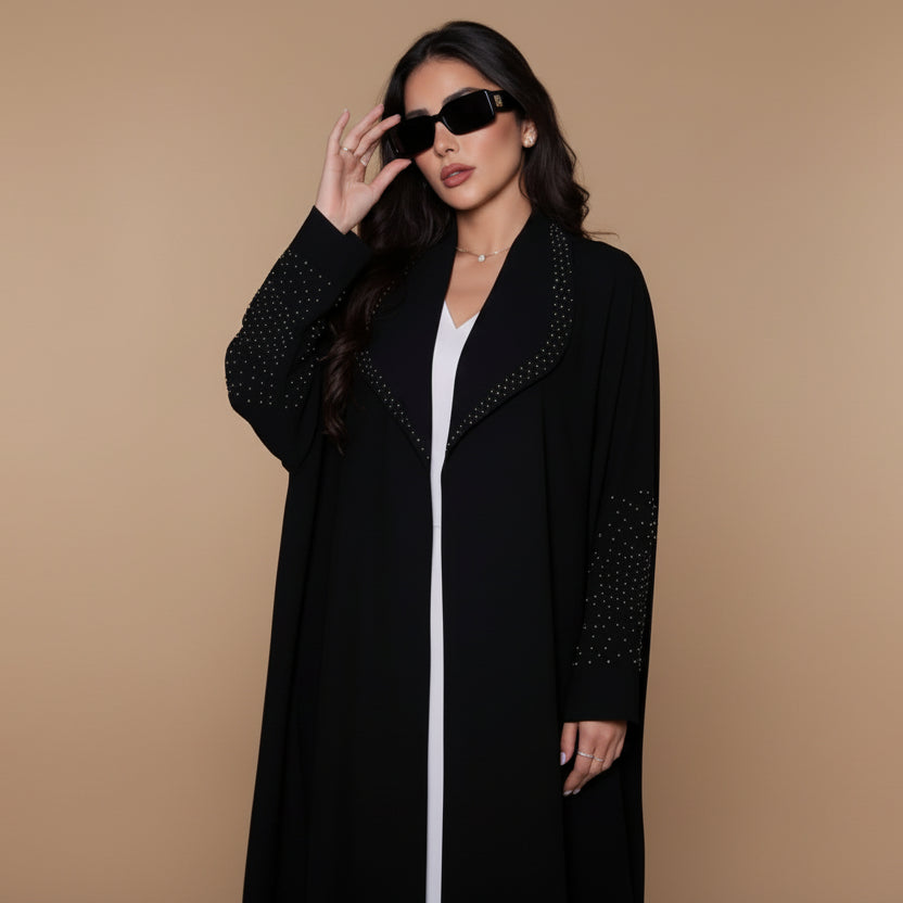Hotfix Rhinestones Cardigan Open Abaya Dress - Black - #25206