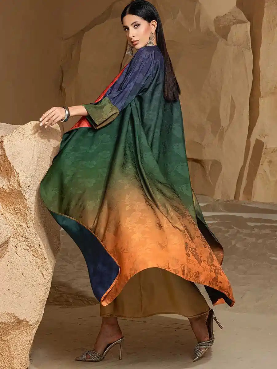 Reversible Cardigan Open Abaya Dress - Jacquard - Gradient Satin - #255034