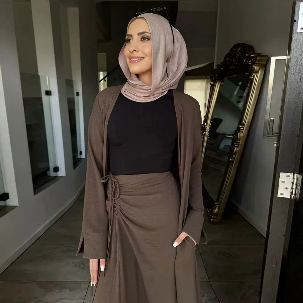 Muslim Women Daily Wear 2 Pieces Set Open Abaya Dress With Skirt #251091