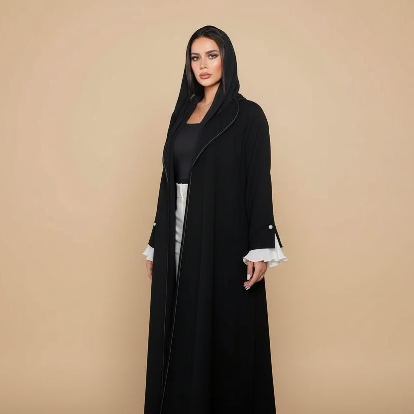 Cardigan Open Abaya Dress - Pleated Sleeve - Black - #25170