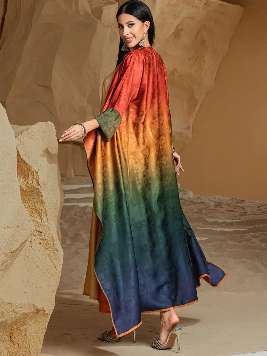 Reversible Cardigan Open Abaya Dress - Jacquard - Gradient Satin - #255034